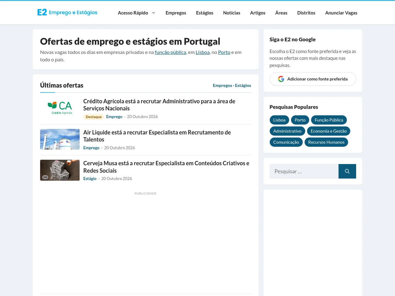 E2 Emprego e Estágios website screenshot