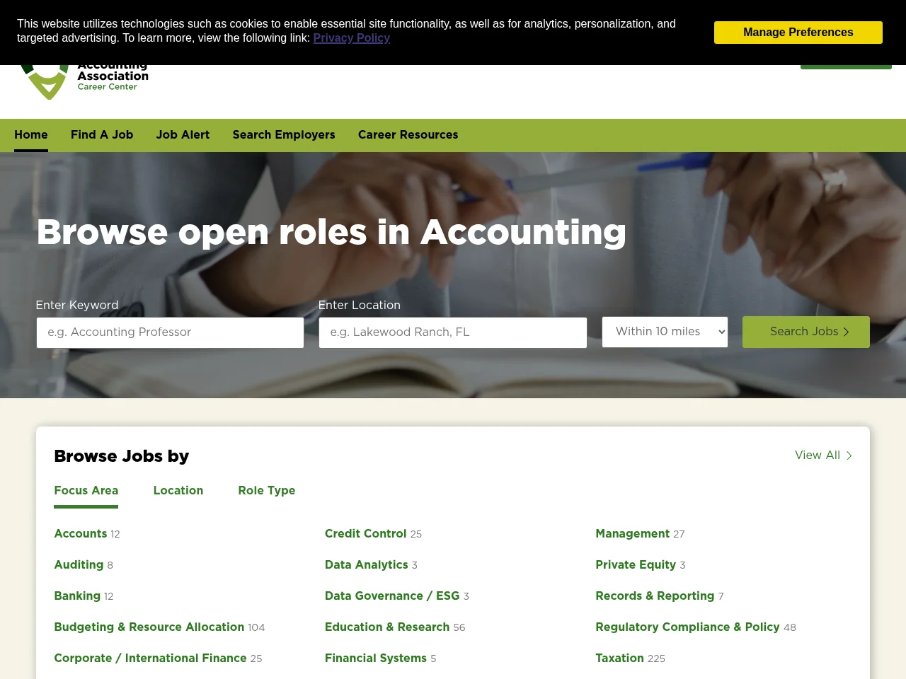 American Accounting Association Career Center website screenshot