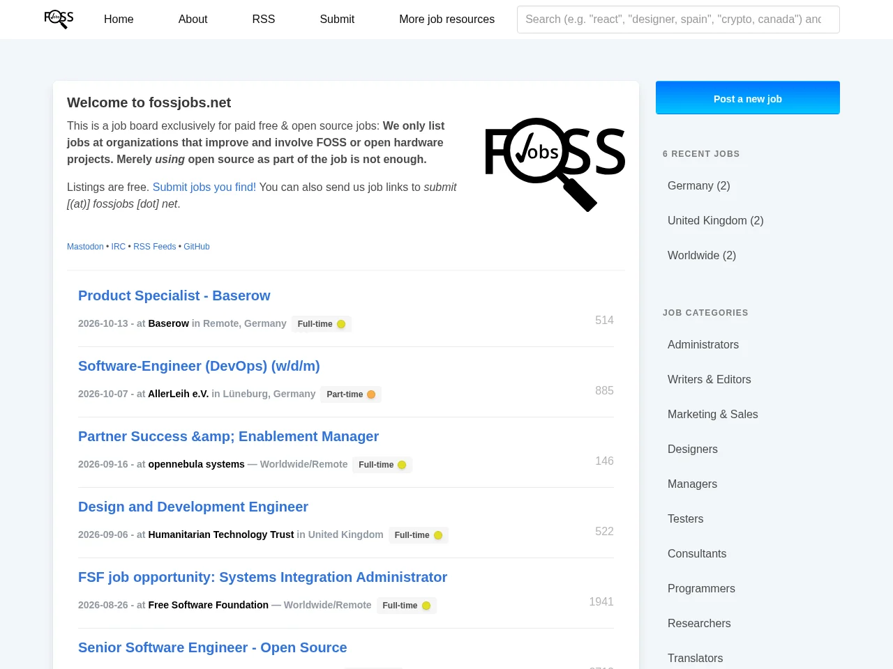 FOSS Jobs website screenshot