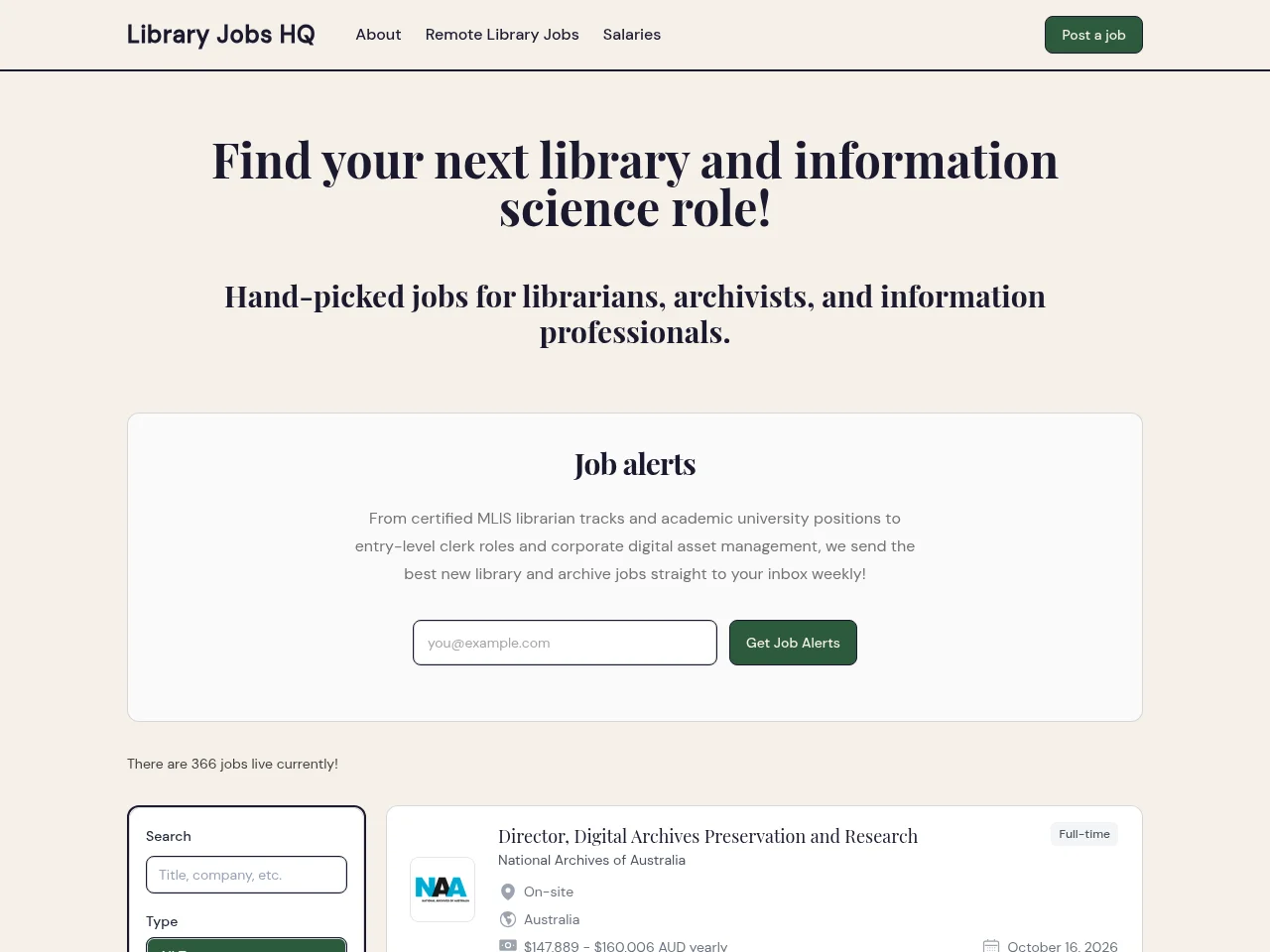 Library Jobs HQ website screenshot