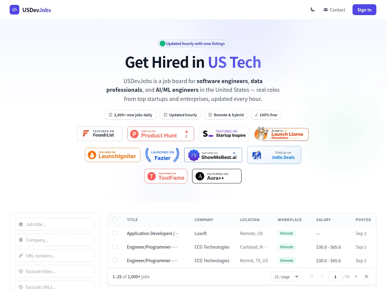 USDevJobs website screenshot
