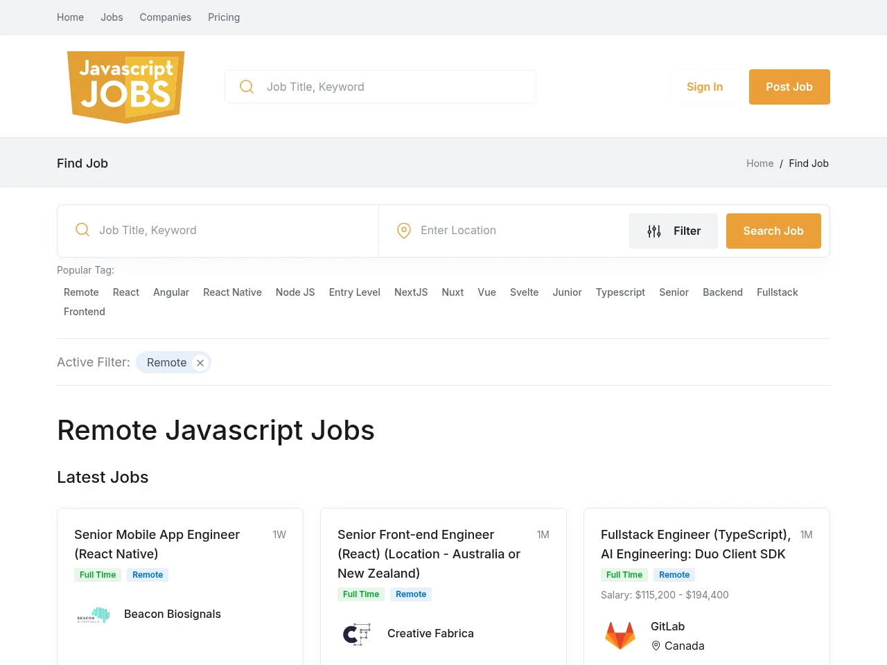 JavaScript Jobs screenshot JavaScript Jobs website screenshot