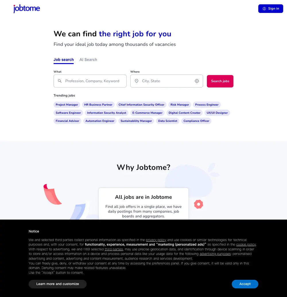 Jobtome website screenshot