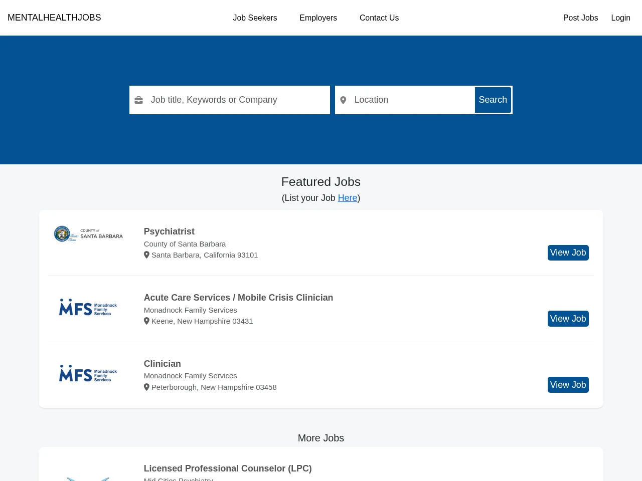 Mental Health Jobs website screenshot