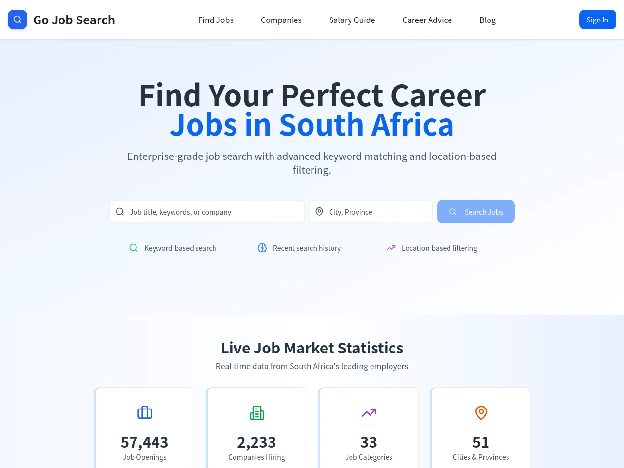 Go Job Search ZA website screenshot
