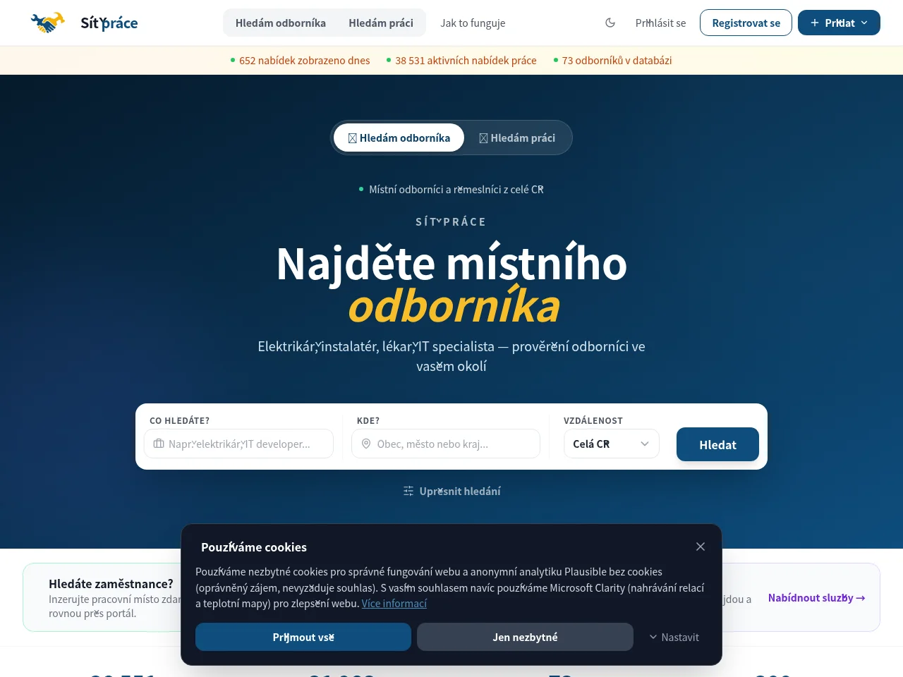 Síť práce website screenshot