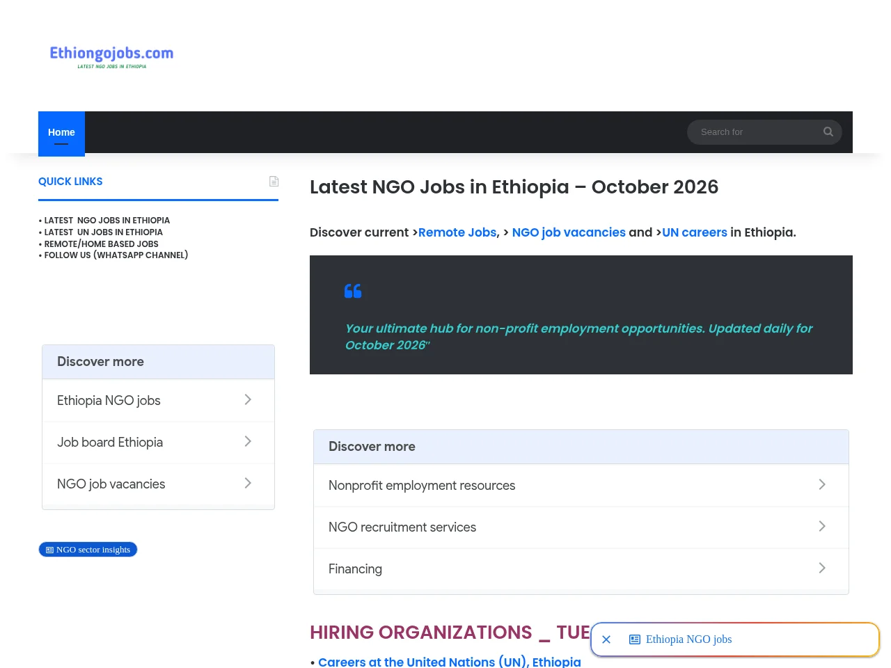 Ethio NGO Jobs website screenshot