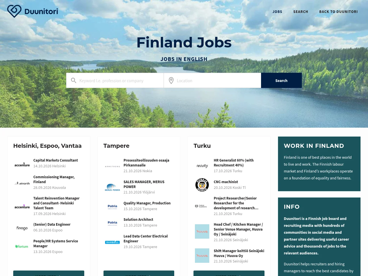 Jobs Finland website screenshot