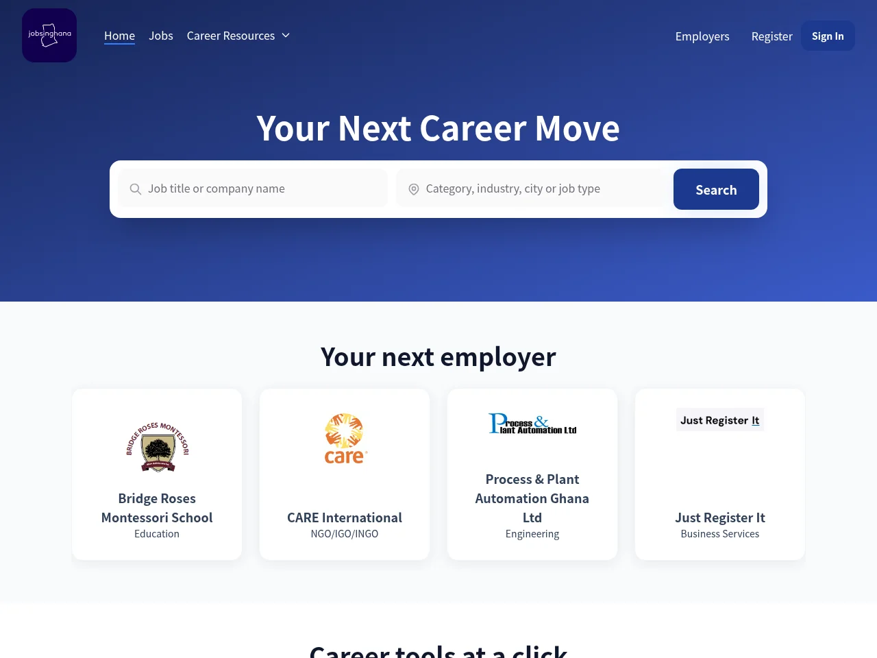 JobsInGhana website screenshot