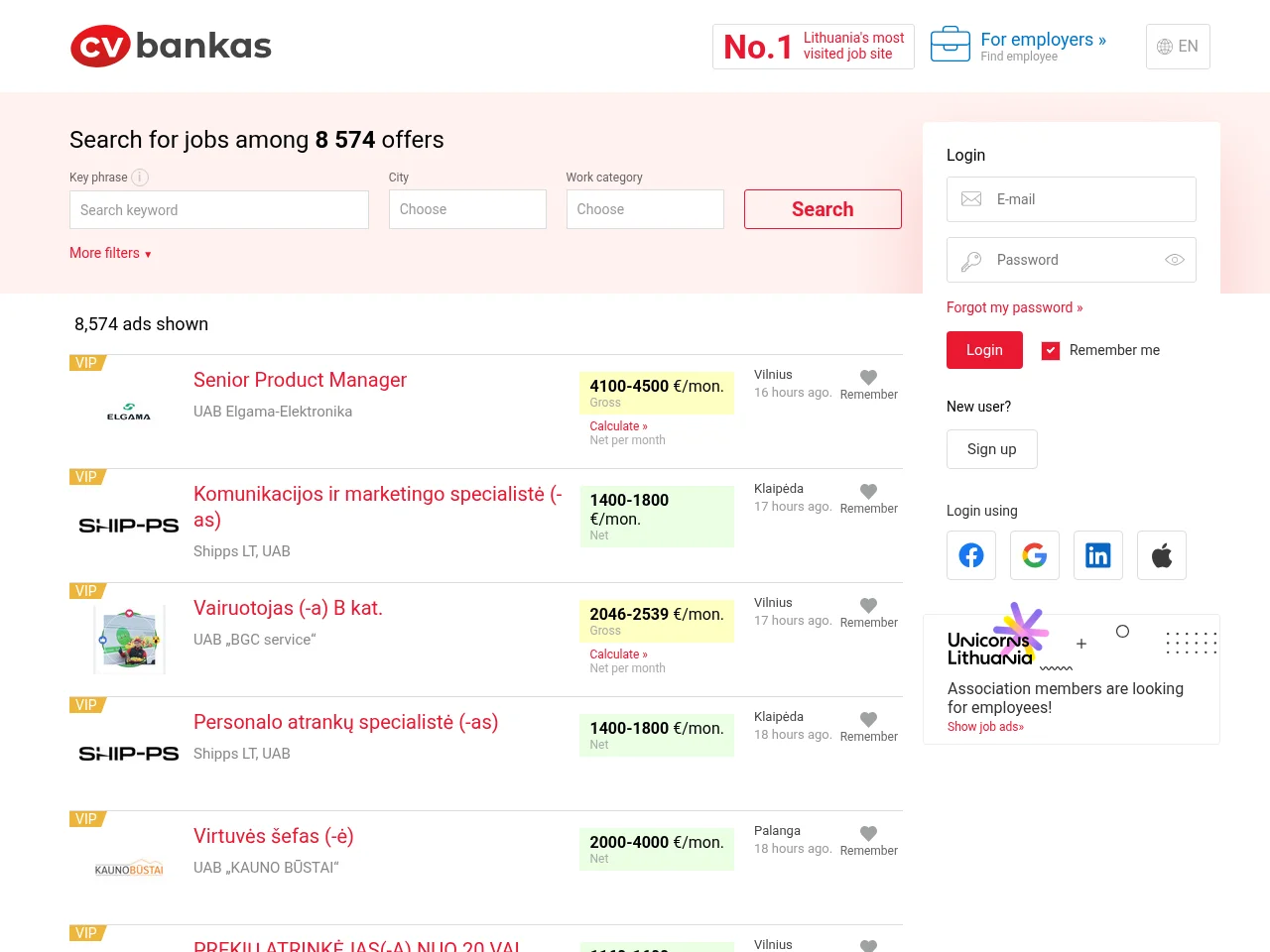 CVbankas website screenshot