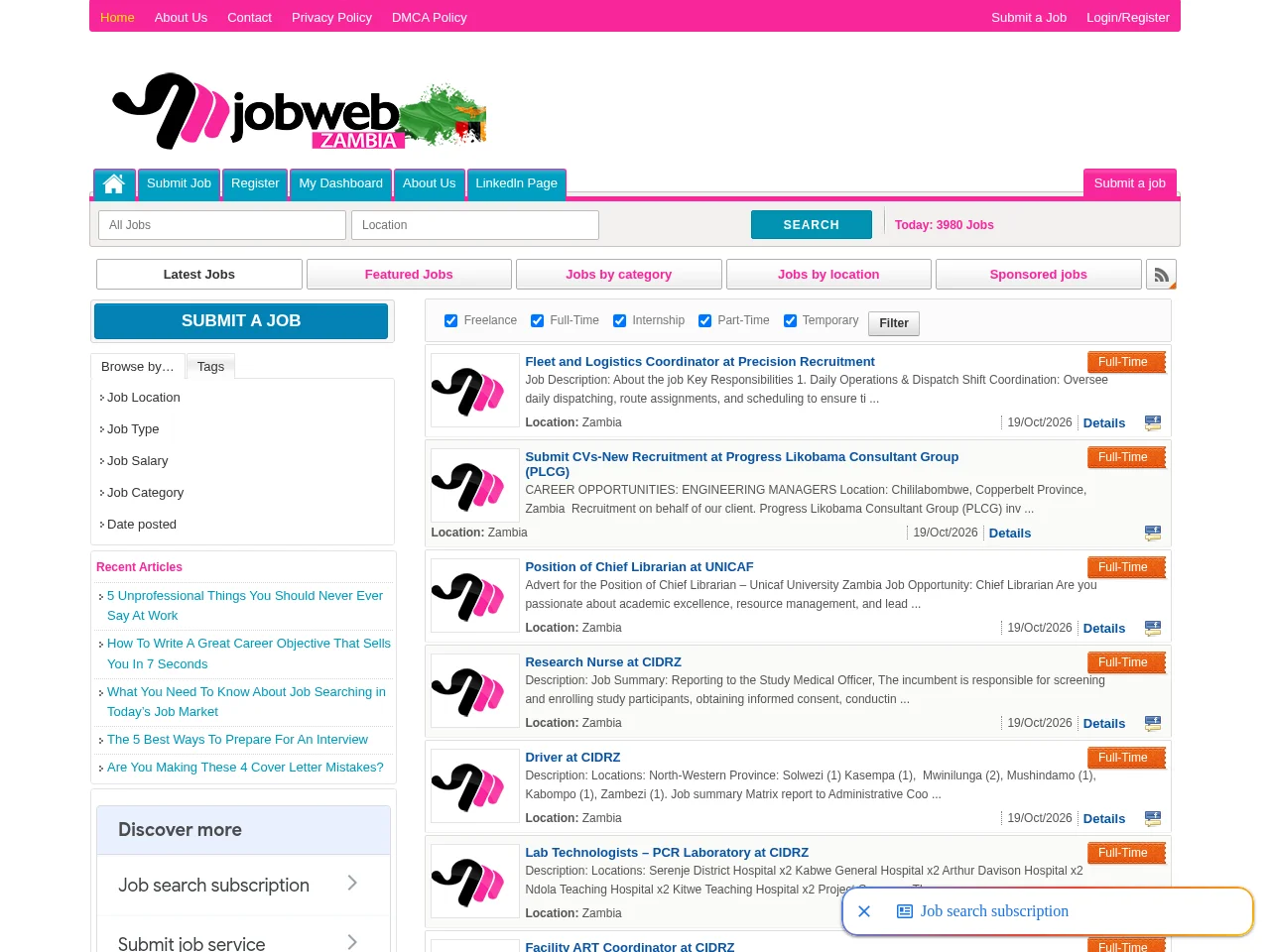 Jobweb Zambia website screenshot