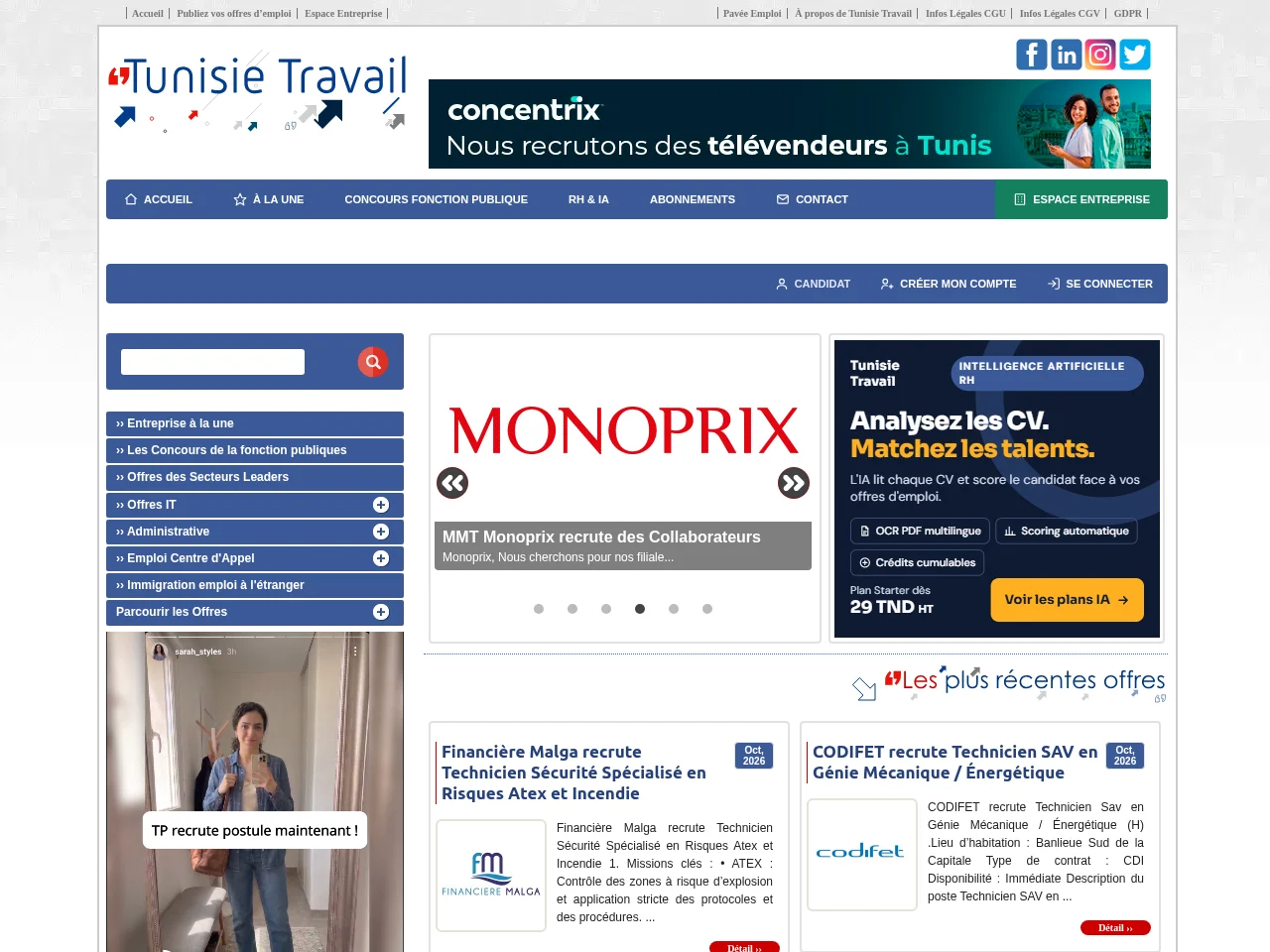 Tunisie Travail website screenshot