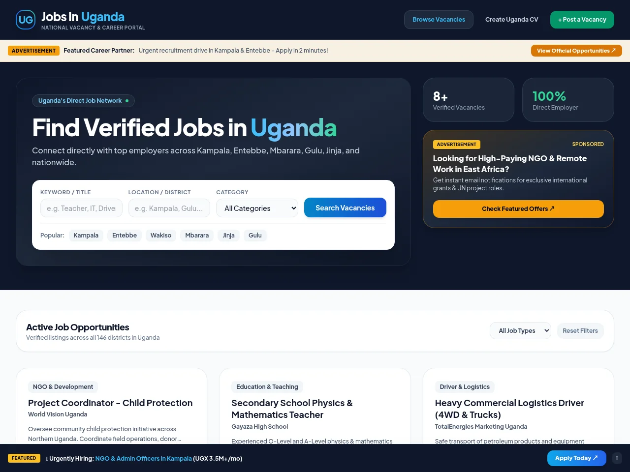Jobs in Uganda website screenshot