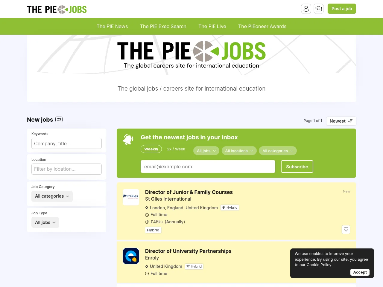 The PIE Jobs website screenshot