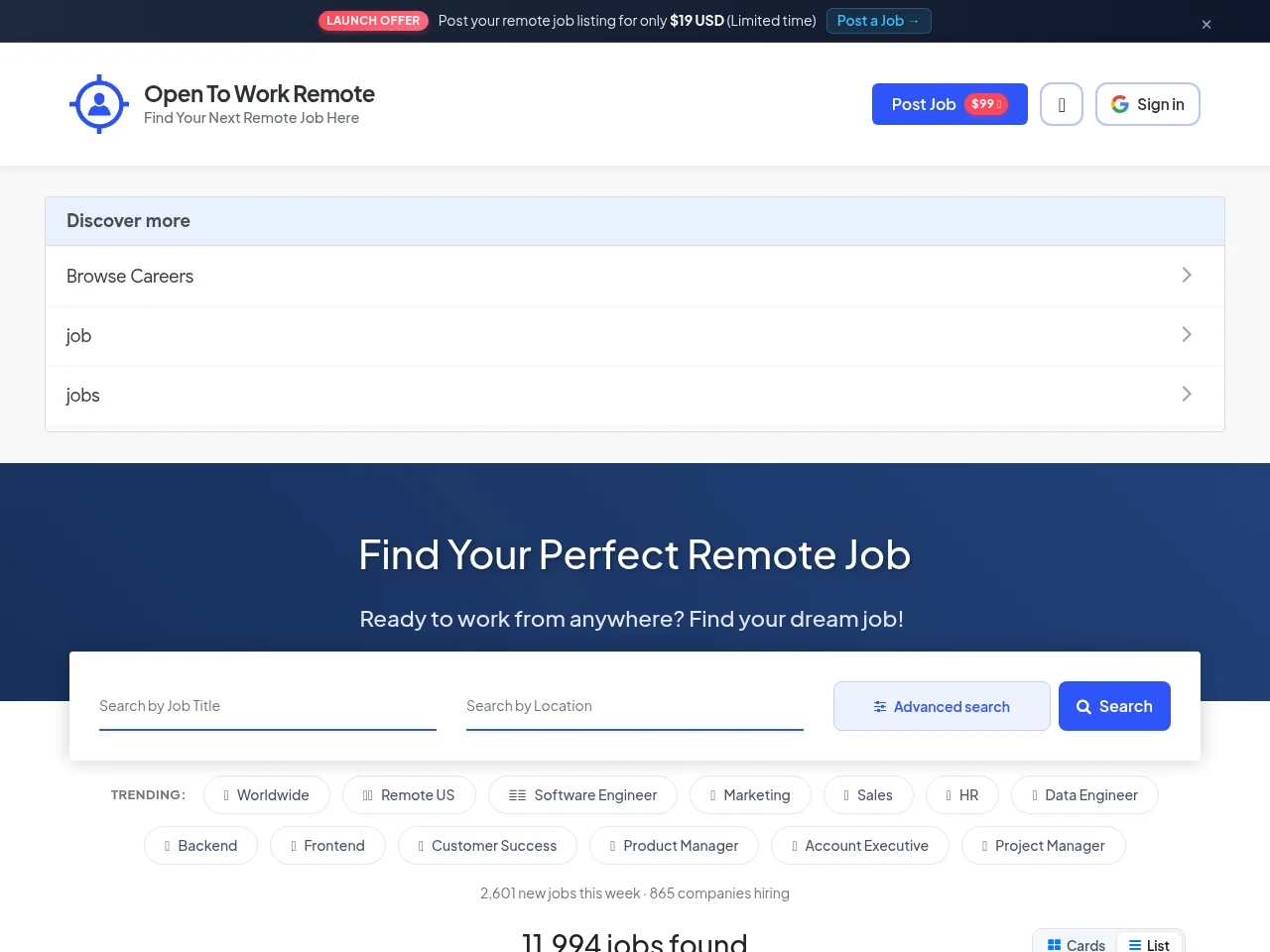 OpenToWorkRemote website screenshot