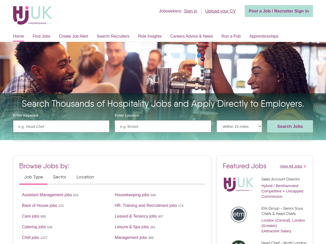 Hospitality Jobs UK website screenshot