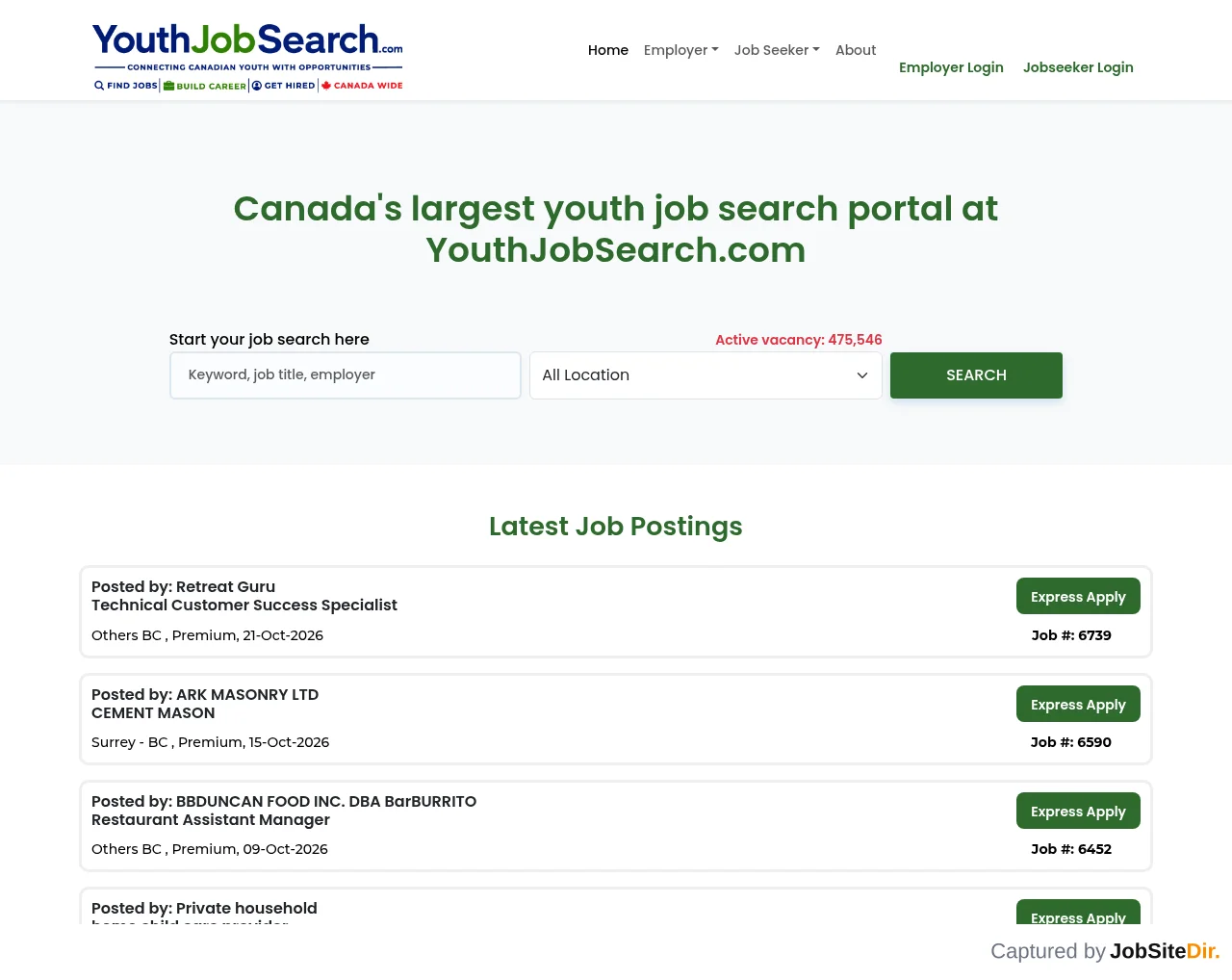 YouthJobSearch website screenshot