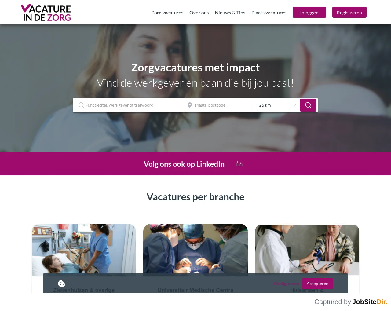 Vacature in de Zorg website screenshot