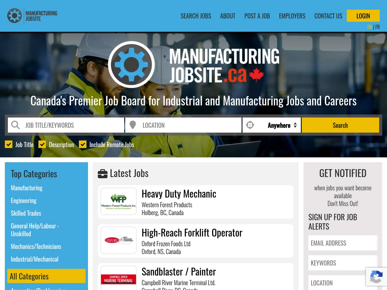 Manufacturing Jobs Canada website screenshot