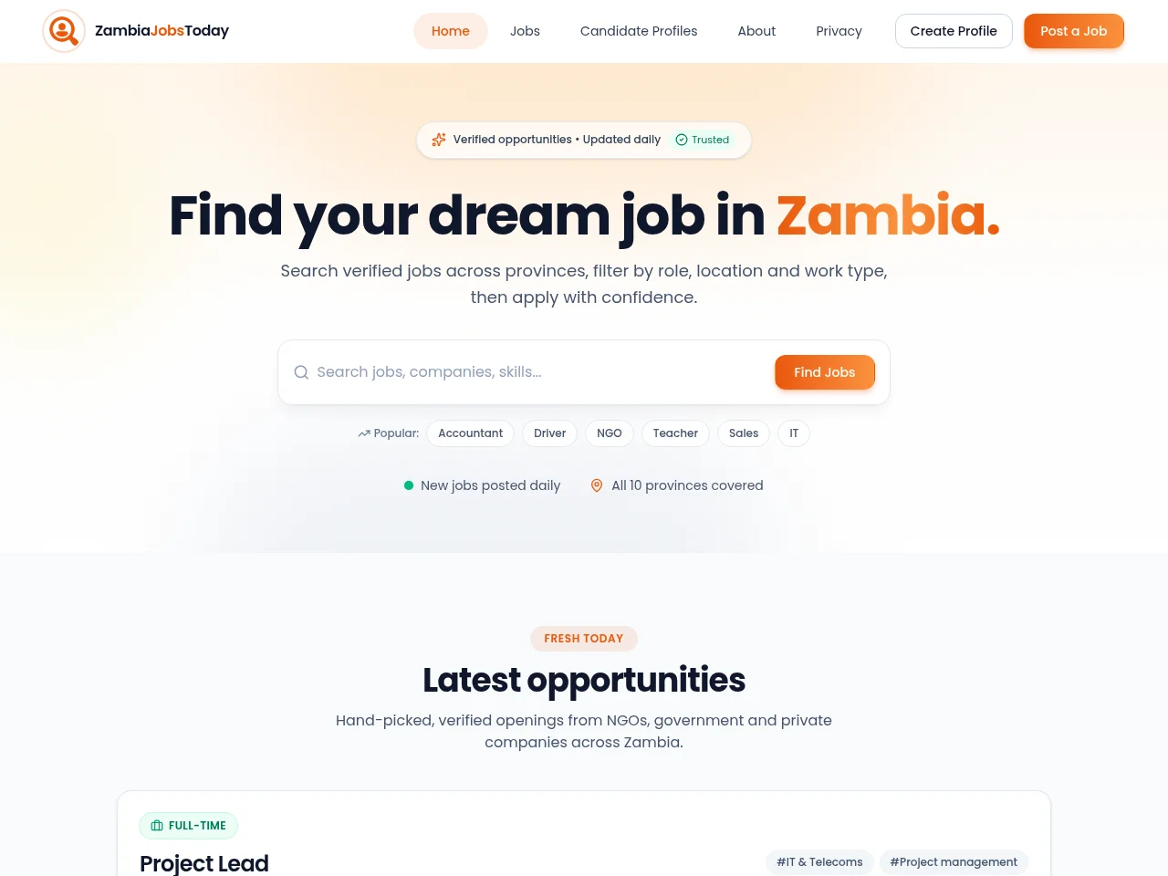 Zambia Jobs Today website screenshot