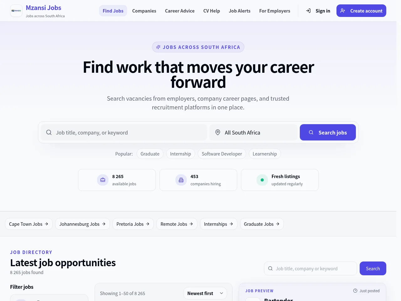Mzansi Jobs website screenshot