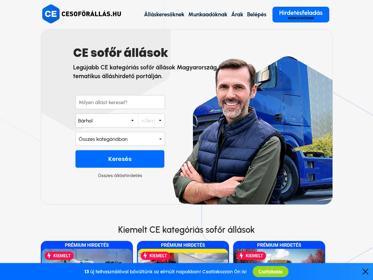 CE sofőr állás website screenshot