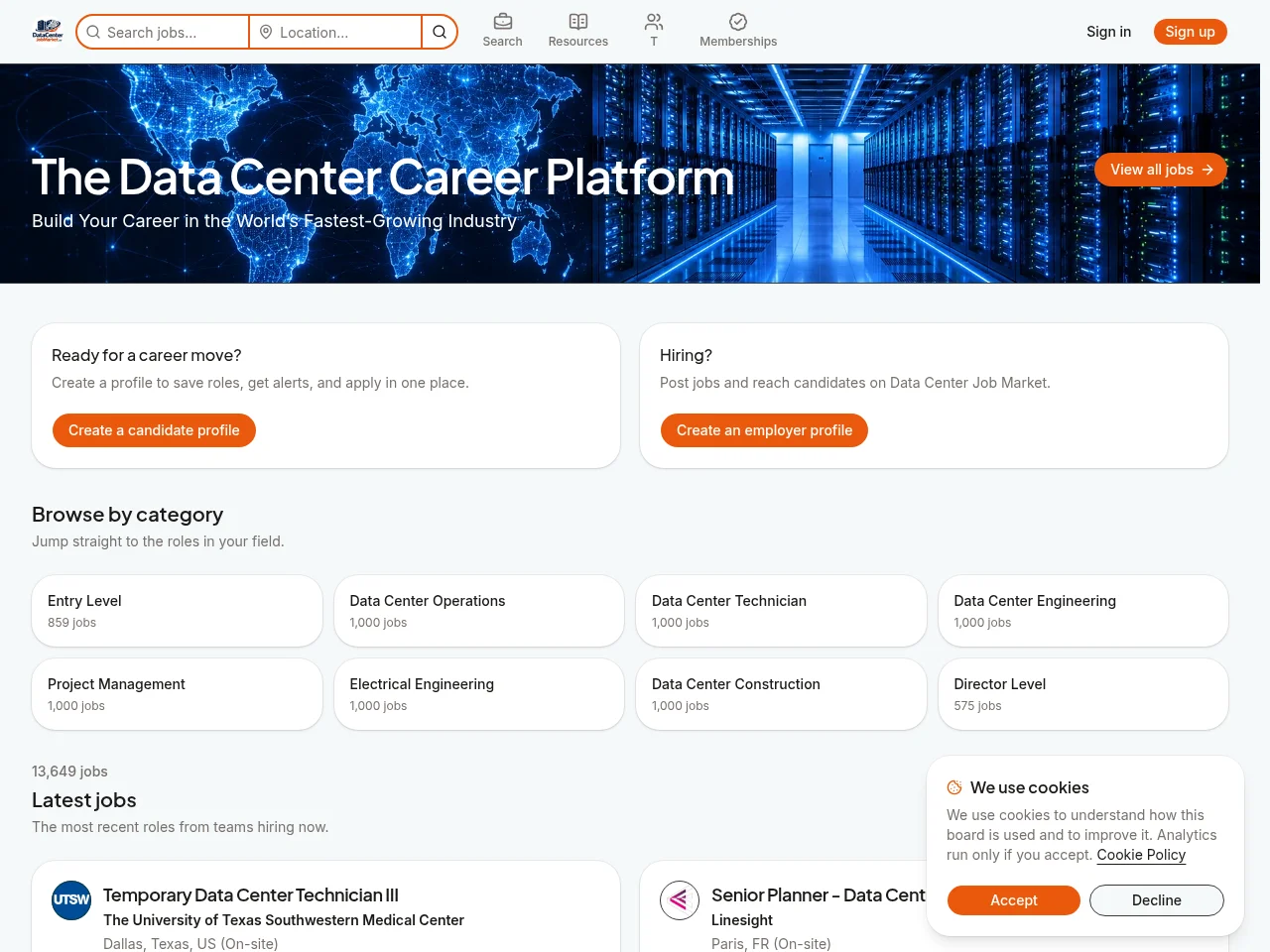 Data Center Job Market website screenshot