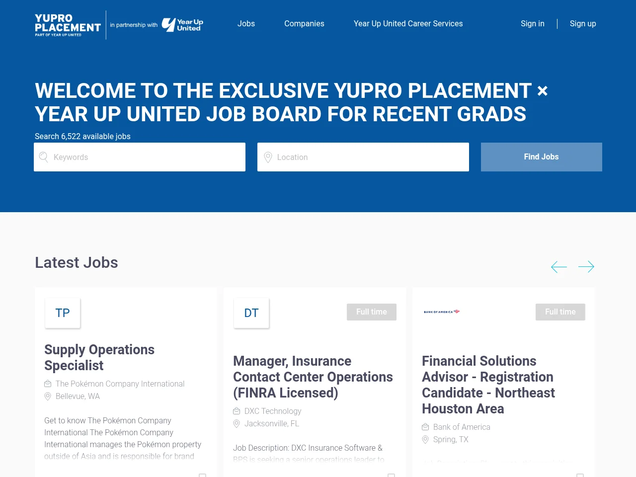 Year Up United Recent Graduate Job Board website screenshot