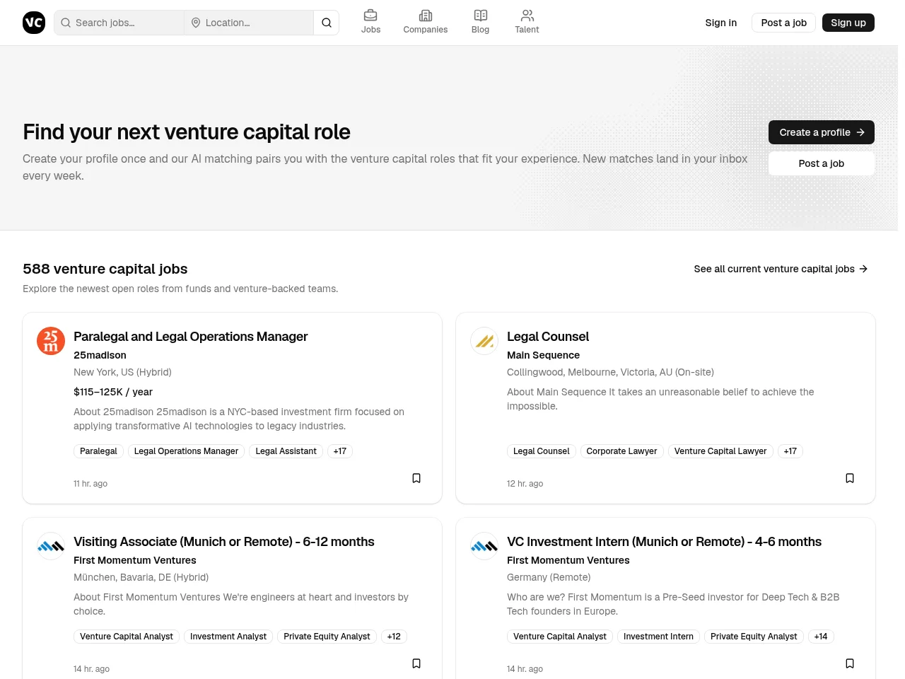 Venture Capital Careers screenshot Venture Capital Careers website screenshot