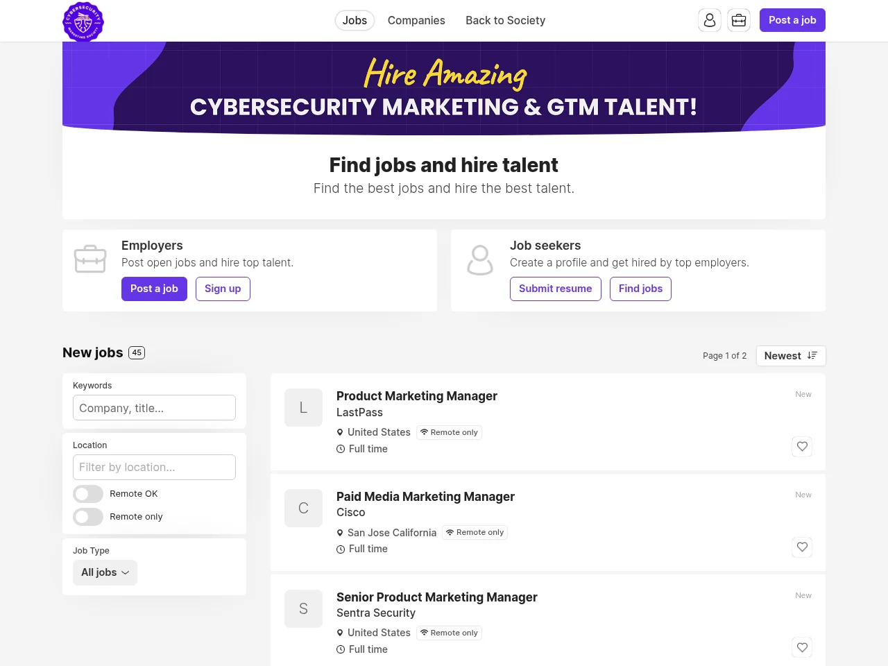Cybersecurity Marketing Society Job Board website screenshot