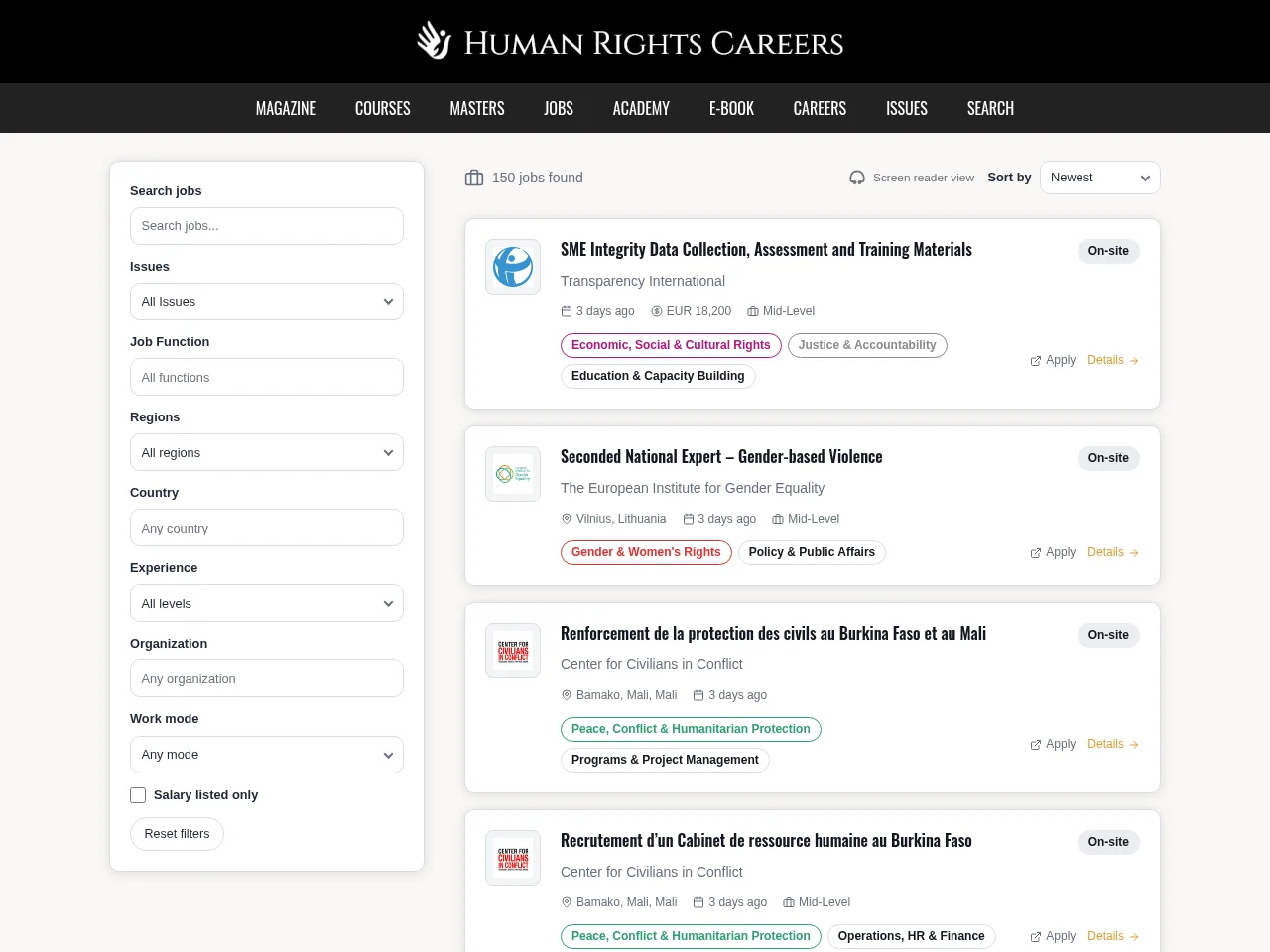 Human Rights Careers screenshot Human Rights Careers website screenshot
