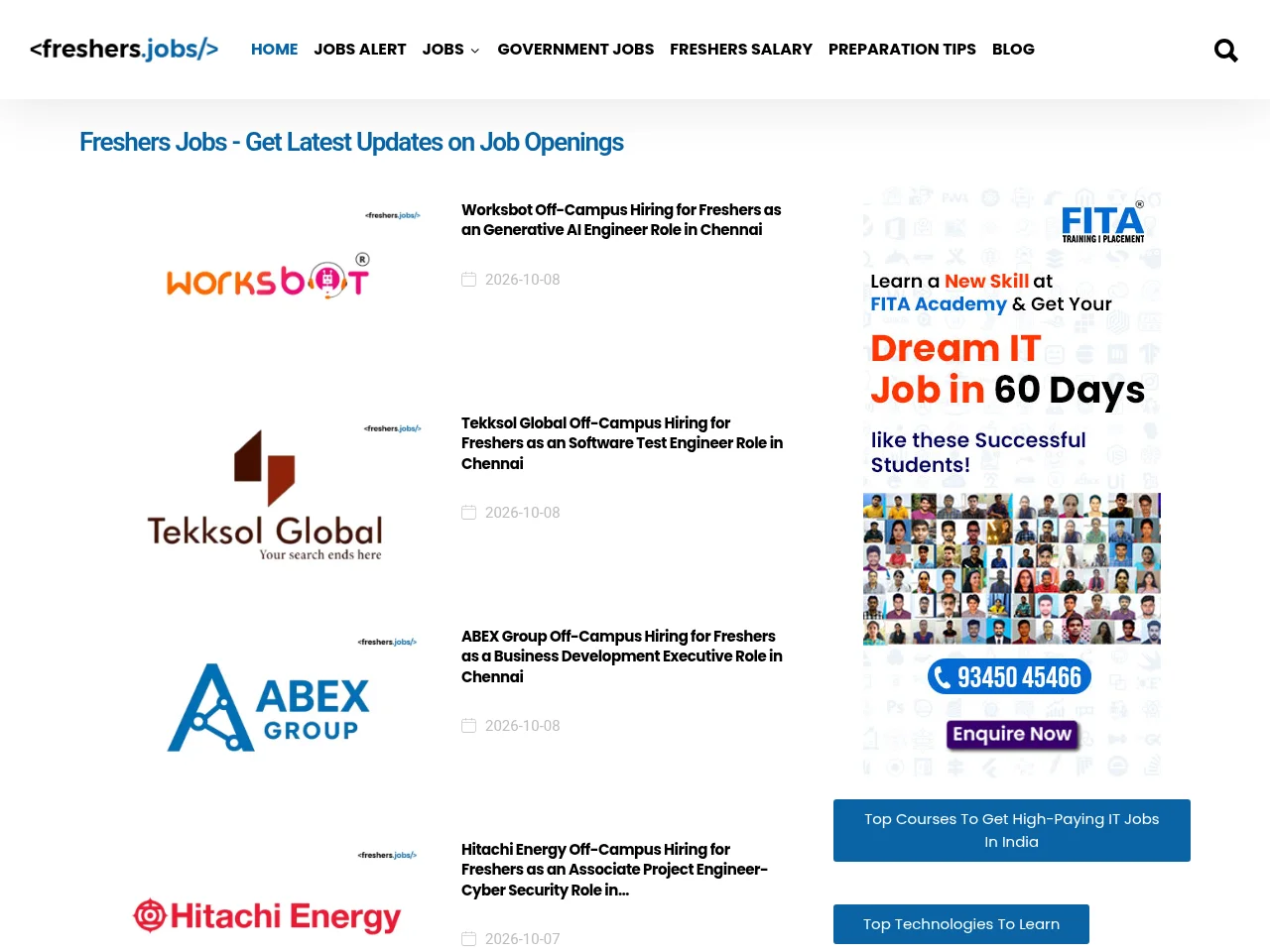 Freshers Jobs screenshot Freshers Jobs website screenshot