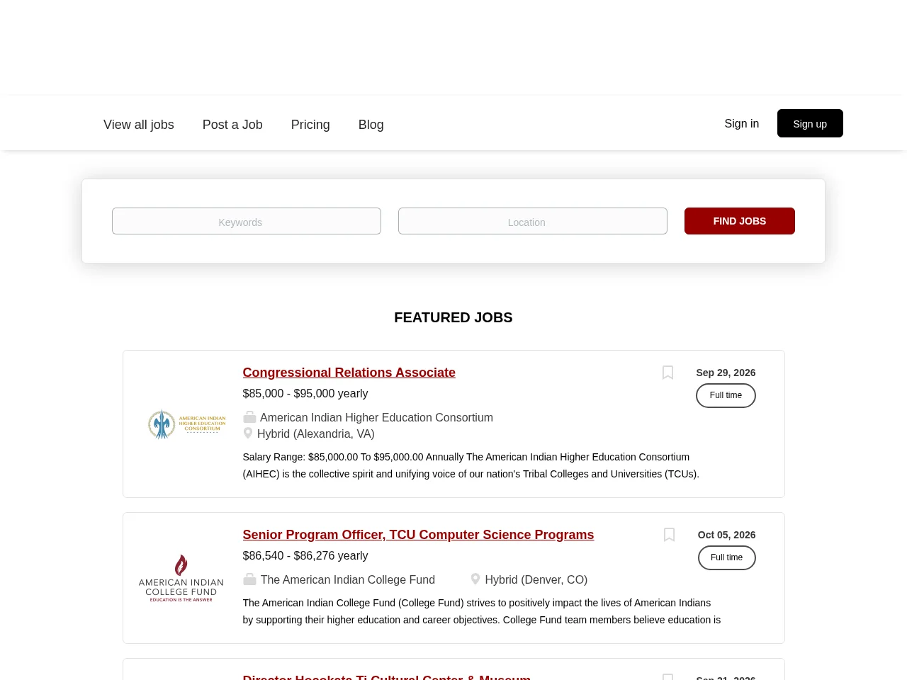 Tribal College Journal Job Board website screenshot