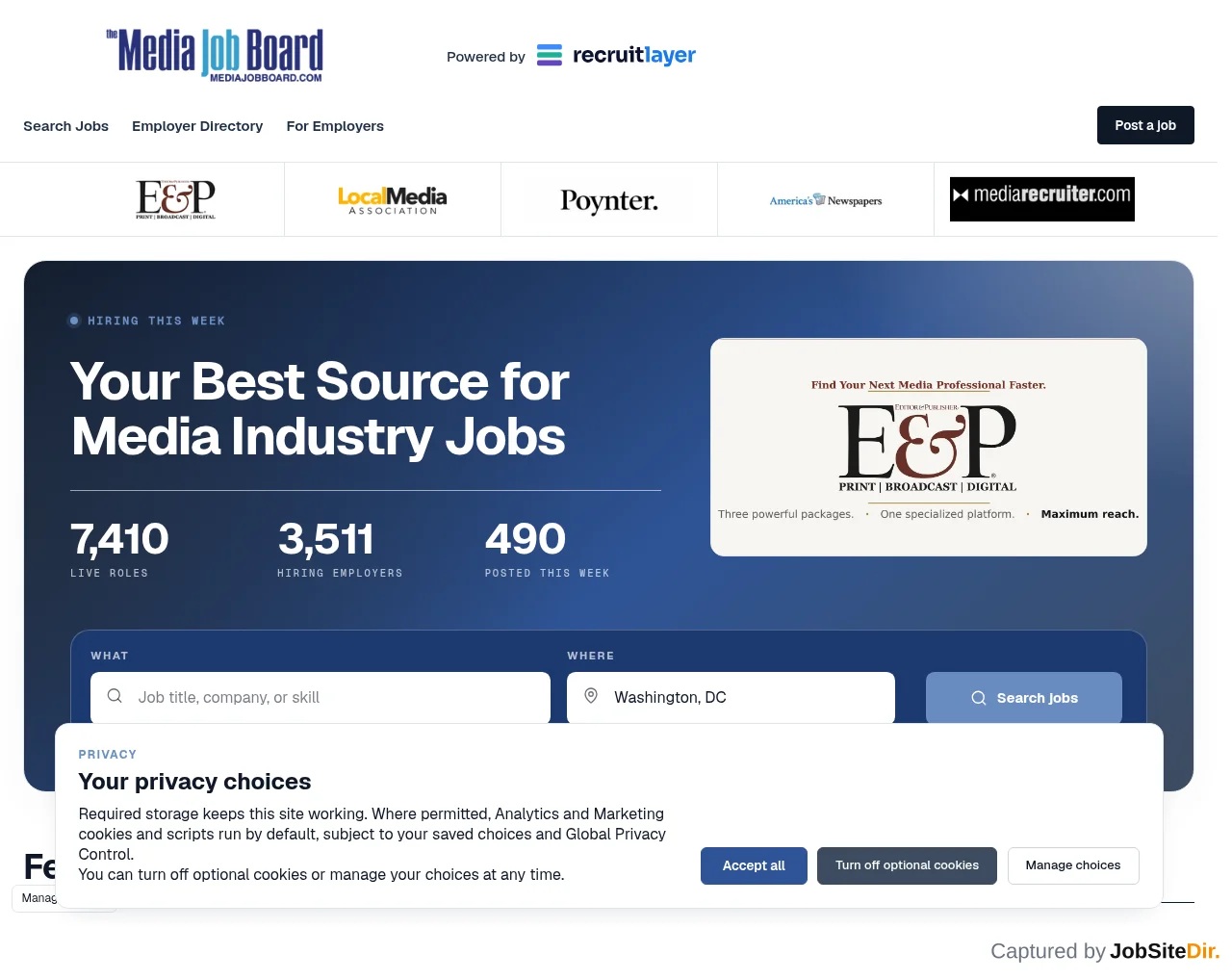 The Media Job Board website screenshot