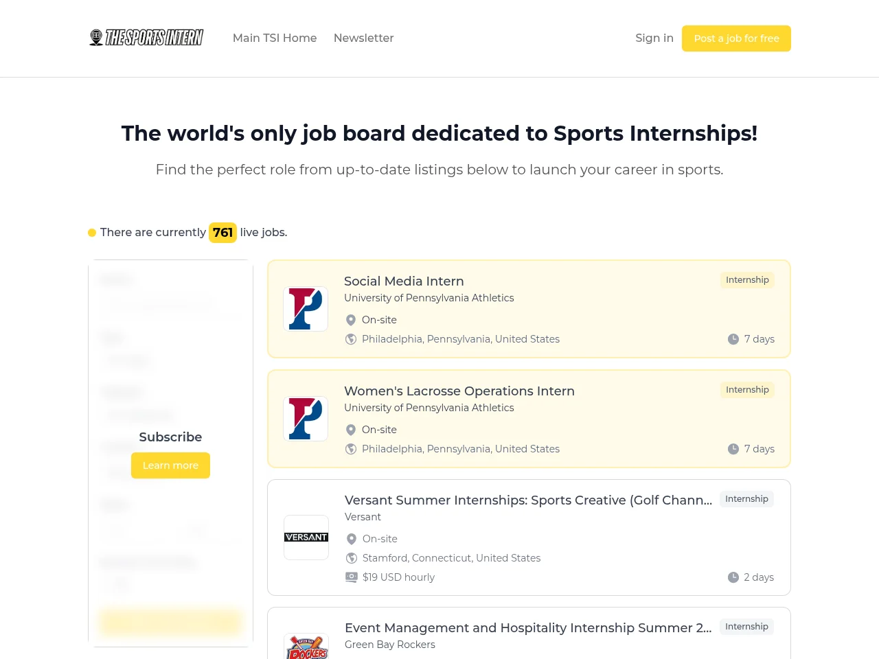 The Sports Intern website screenshot