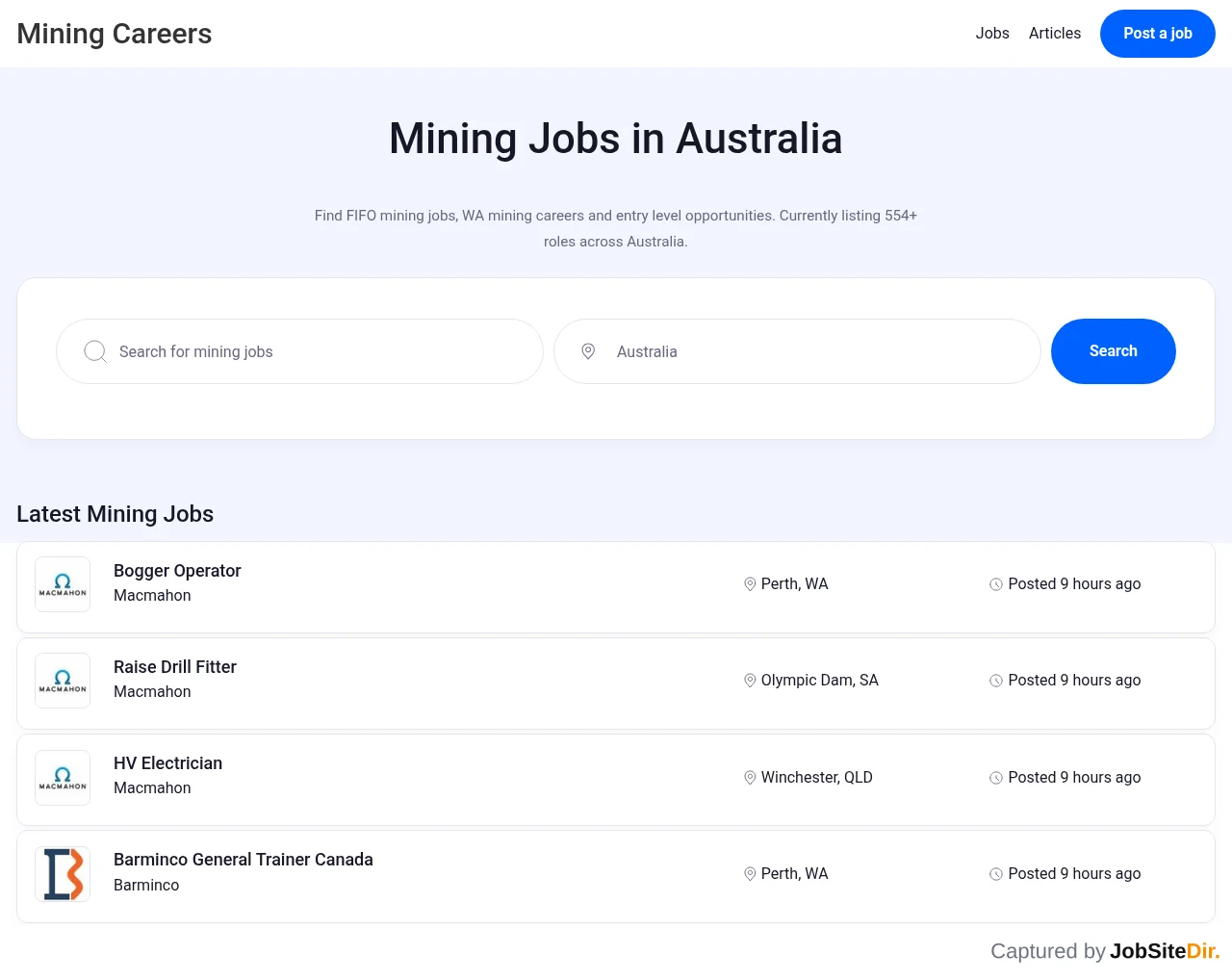 Mining Careers website screenshot