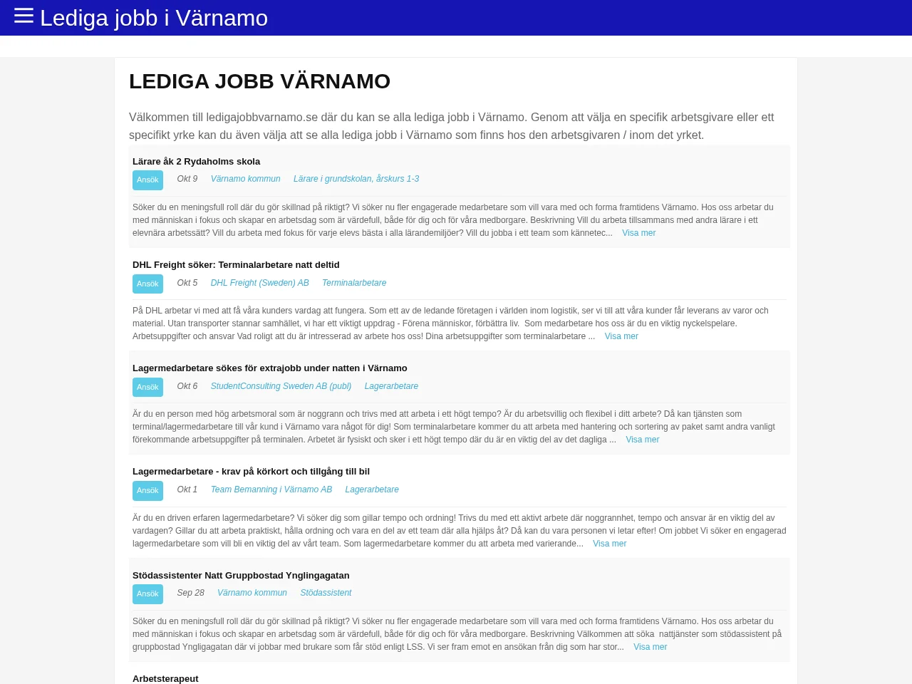 Lediga jobb Värnamo website screenshot
