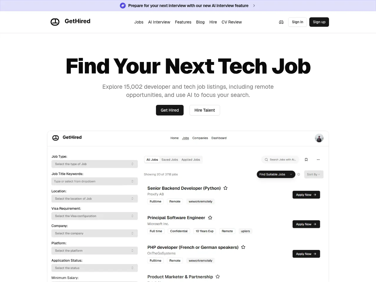 GetHired screenshot GetHired website screenshot