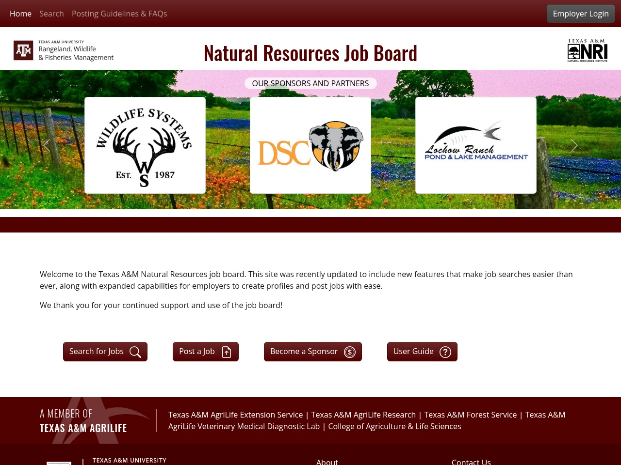 Texas A&M Natural Resources Job Board website screenshot