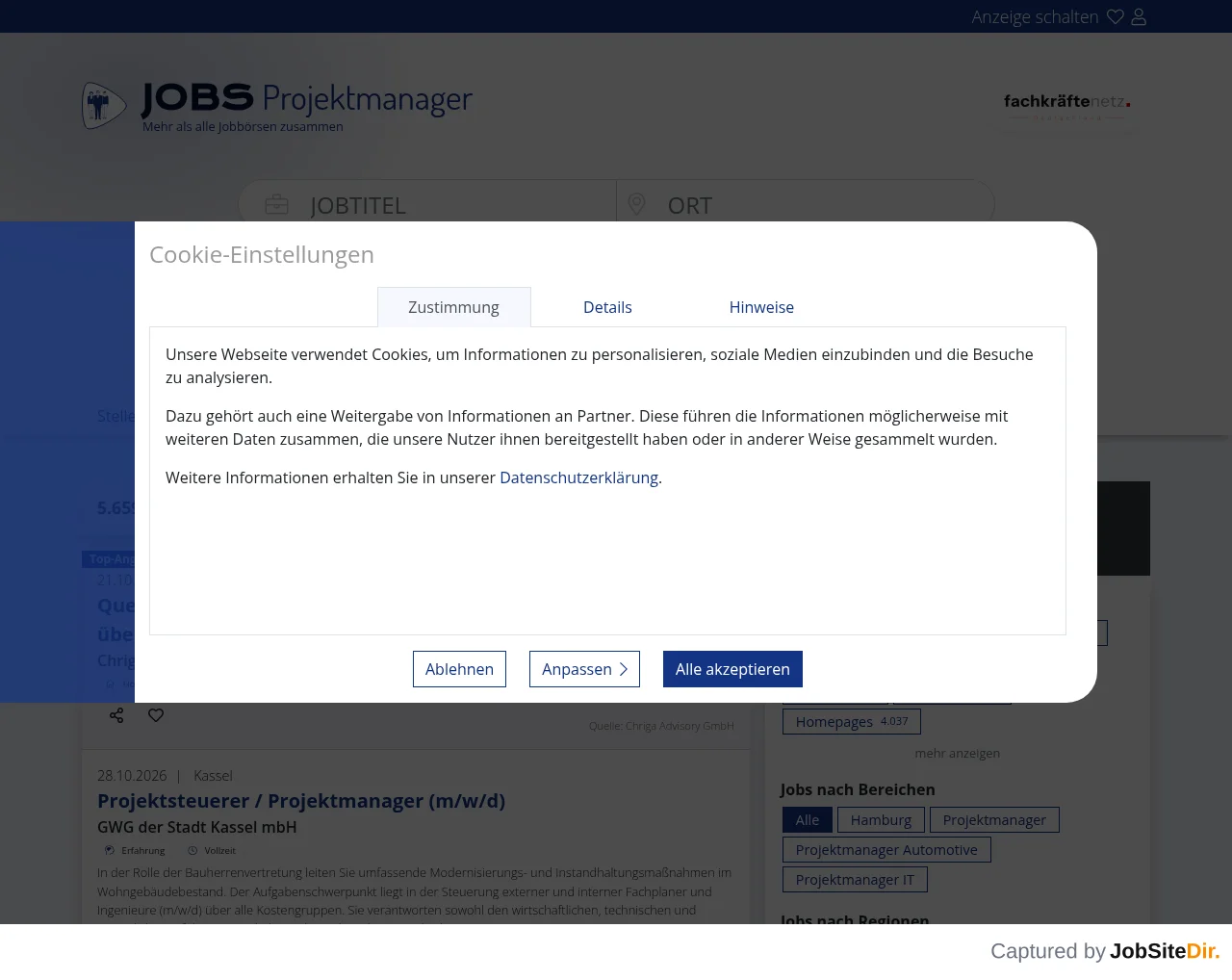 Jobs-Projektmanager website screenshot