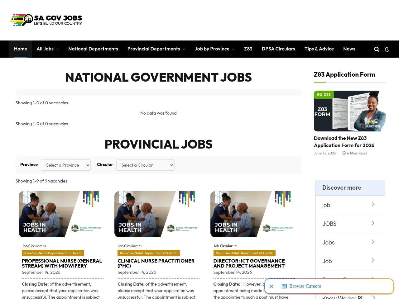 SA Gov Jobs website screenshot