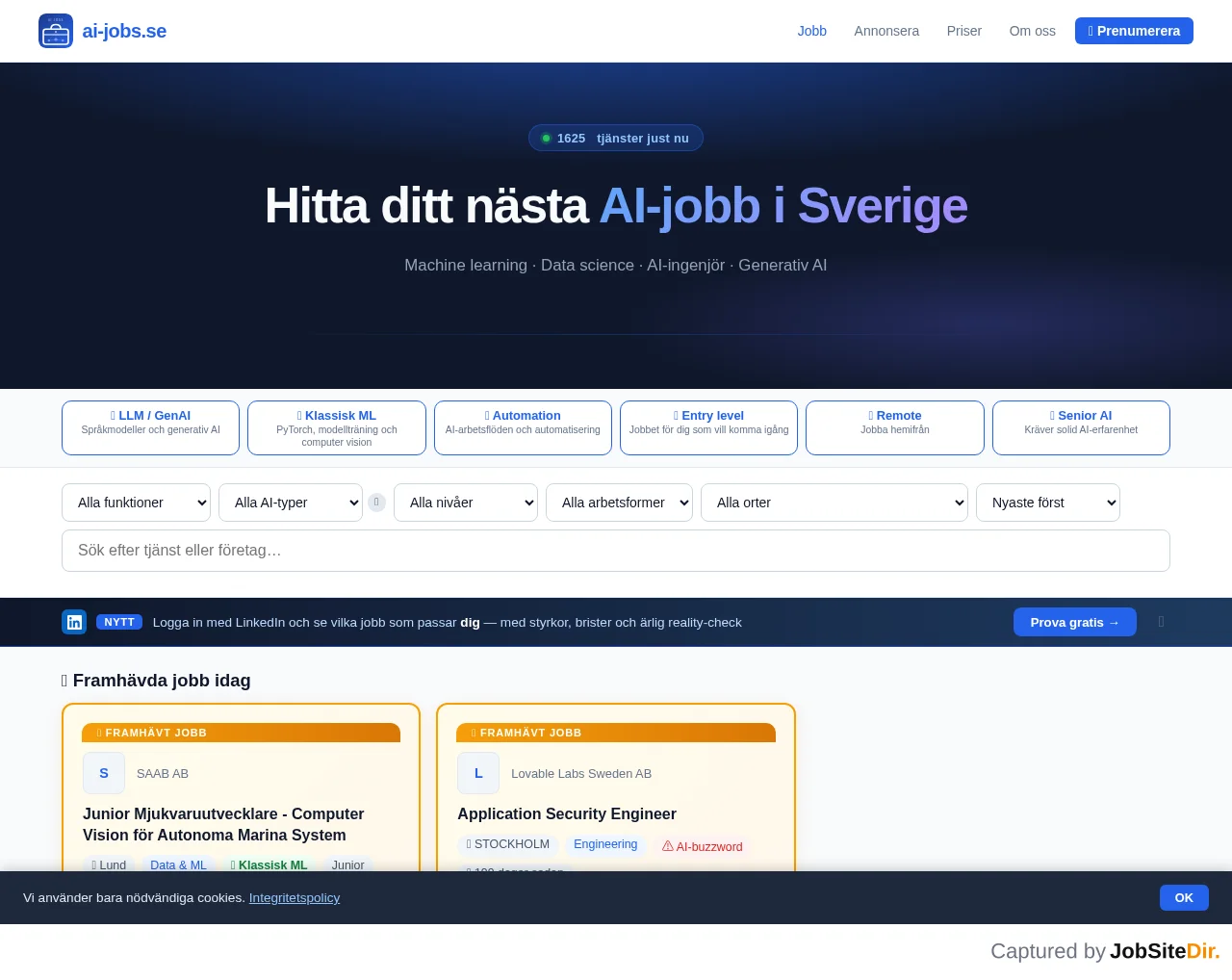 AI Jobs Sweden website screenshot
