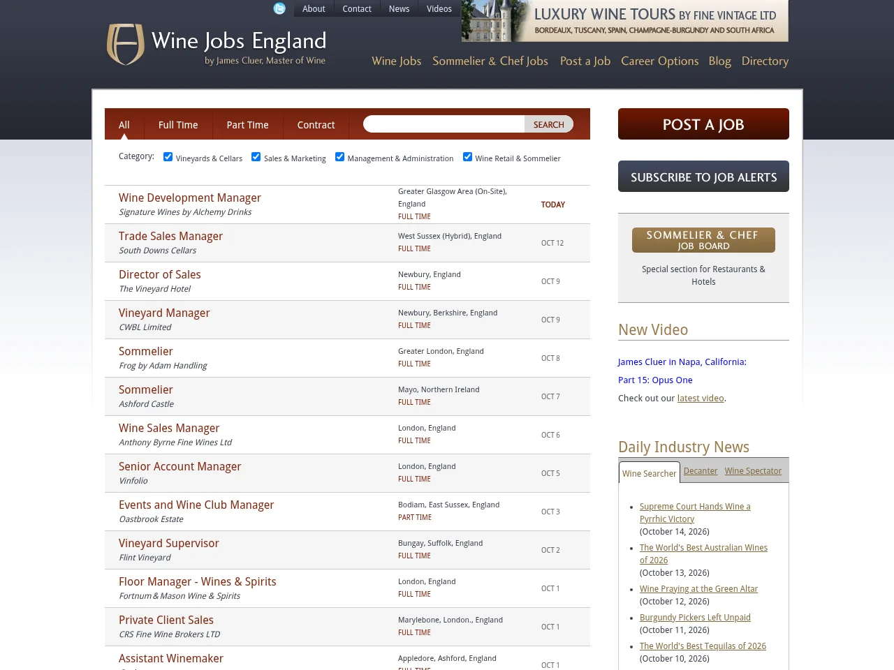 Wine Jobs England website screenshot