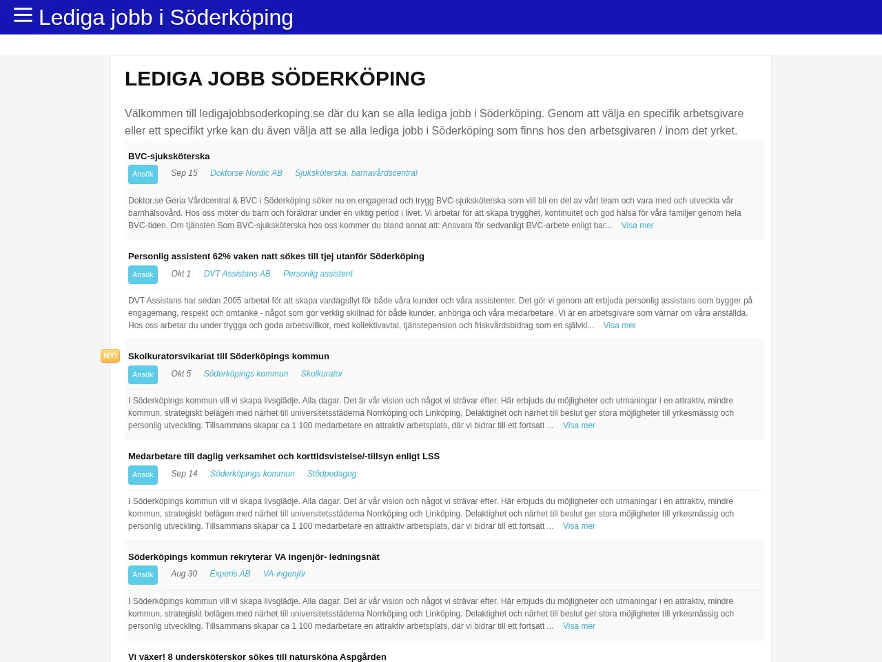 ledigajobbsoderkoping website screenshot