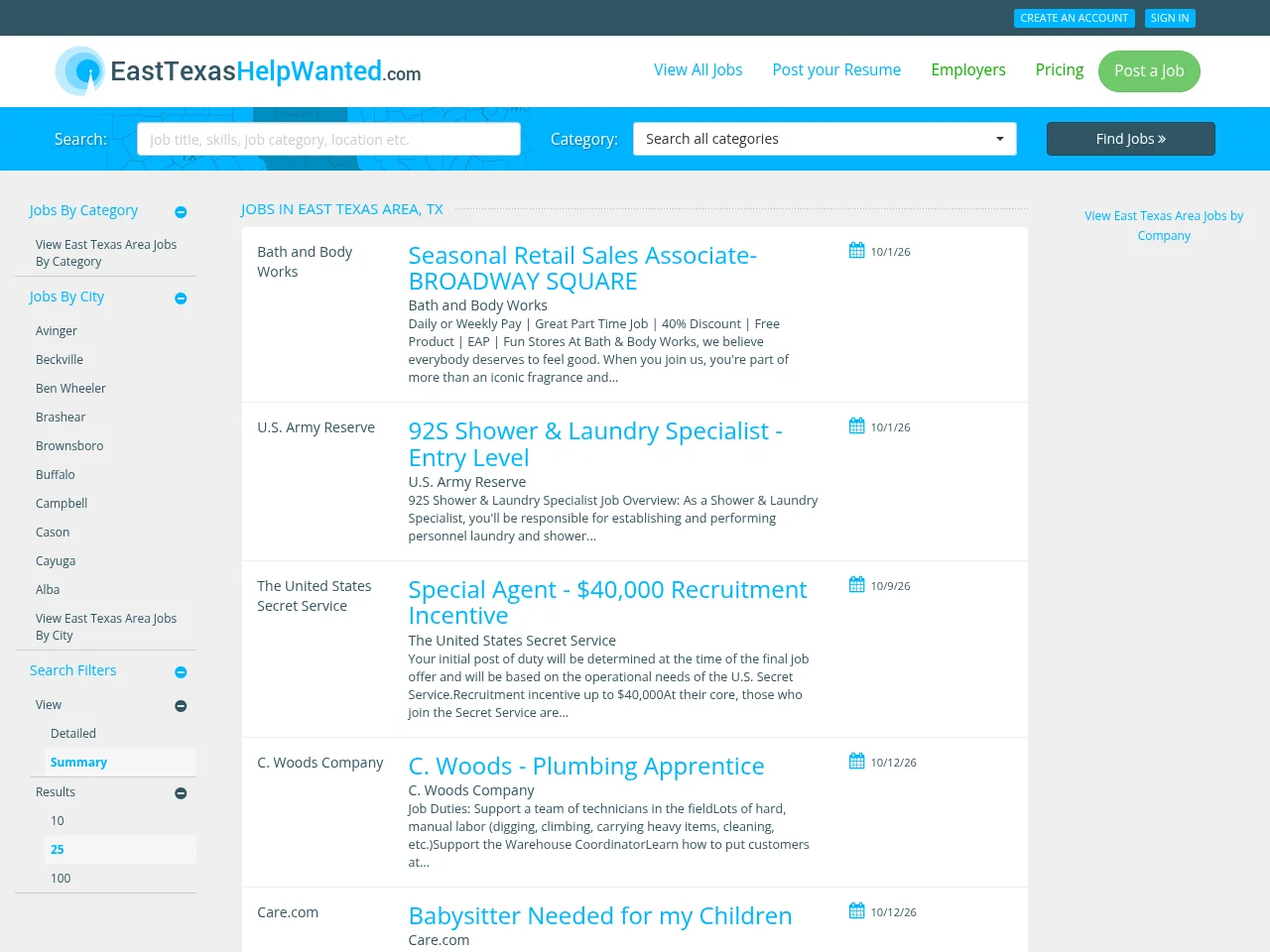 EastTexasHelpWanted website screenshot