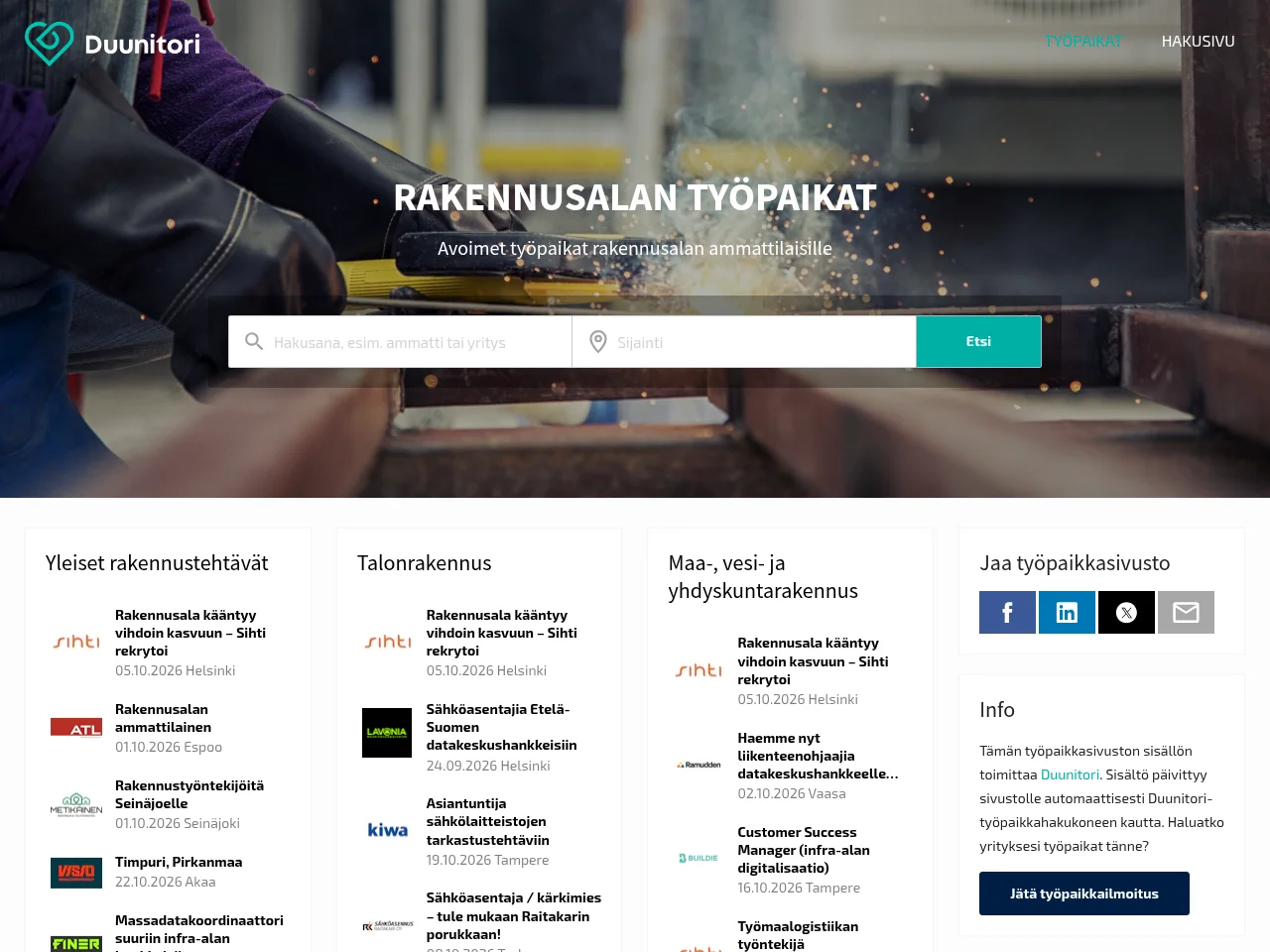Rakennusalan työpaikat screenshot Rakennusalan työpaikat website screenshot
