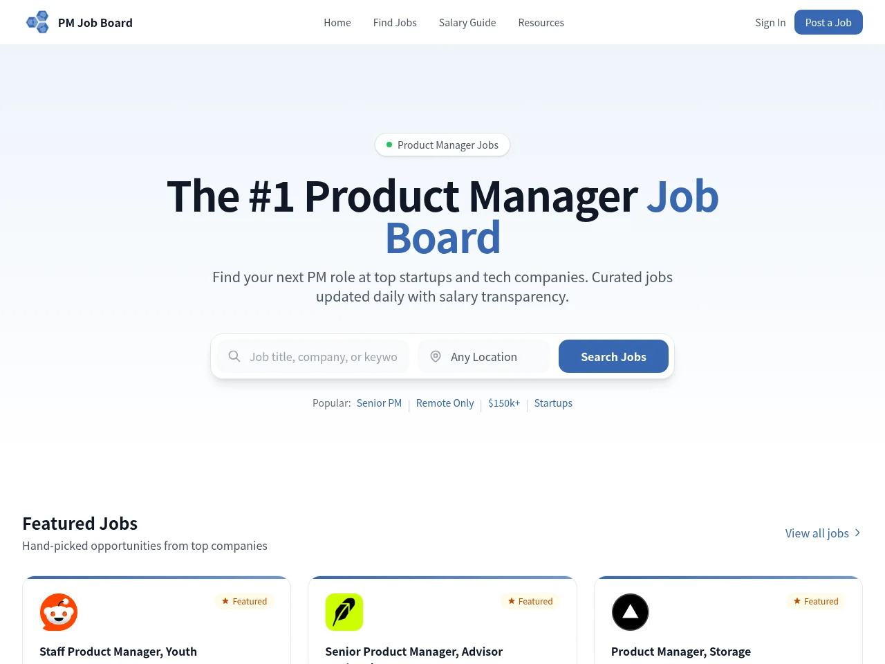 Product Manager Job Board website screenshot