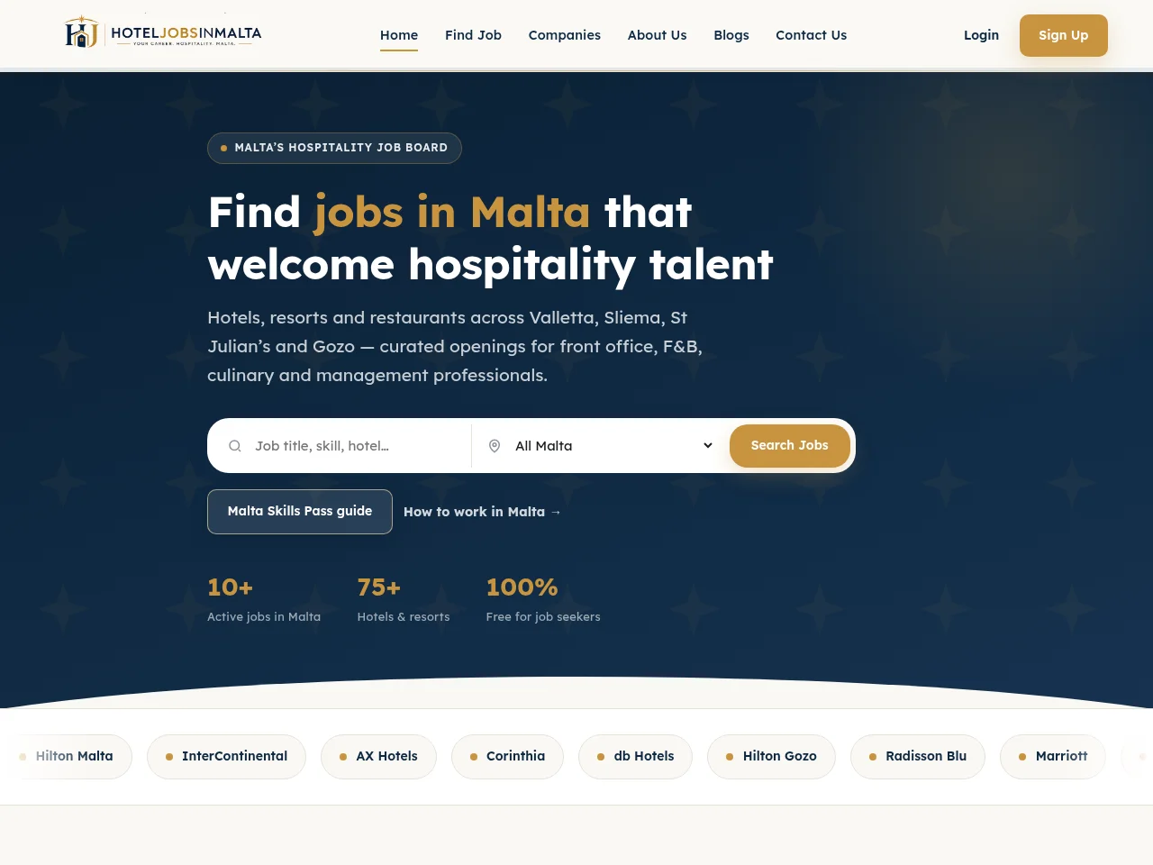 HotelJobsInMalta website screenshot
