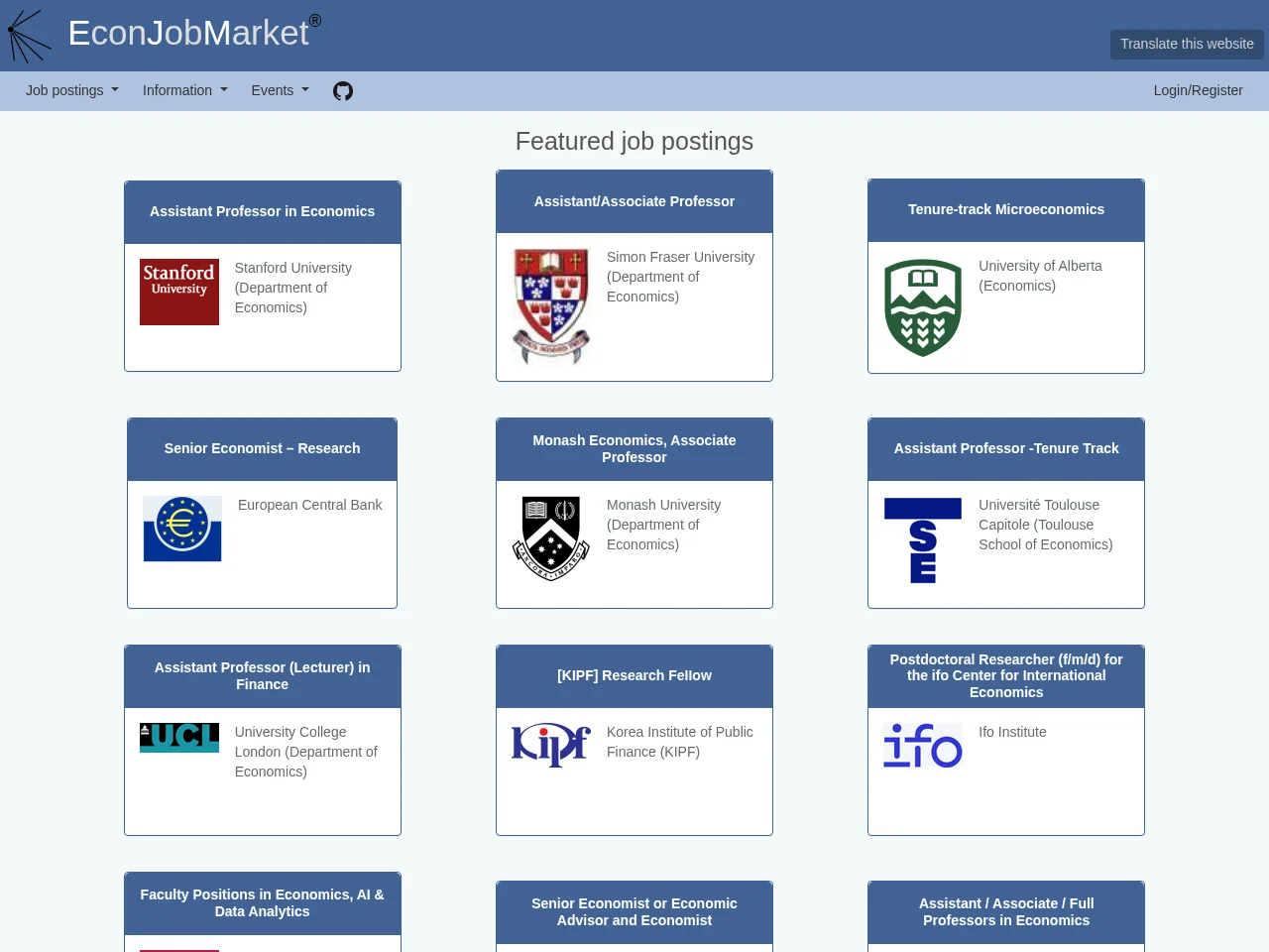 Econ Job Market website screenshot
