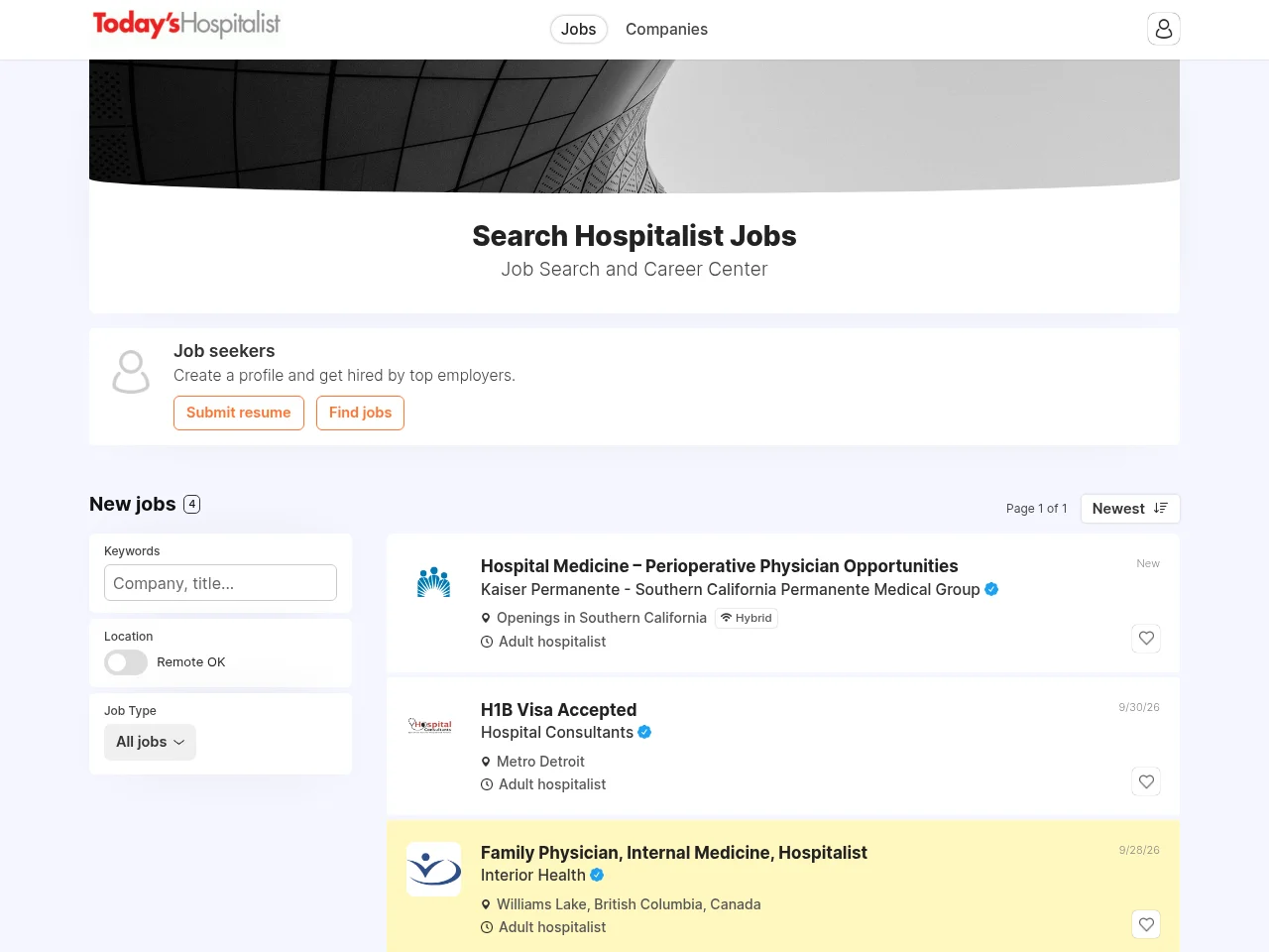 Today's Hospitalist Jobs website screenshot